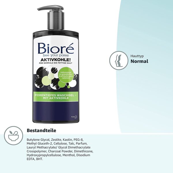 ژل شستشوی و پاک کننده عمیق منافذ حاوی کربن فعال بیوره مناسب پوست های نرمال تا چرب  Bioré Deep Pore Wash Gel with Activated Carbon 1 x 200 ml Dermatologically Tested Normal to Oily Skin